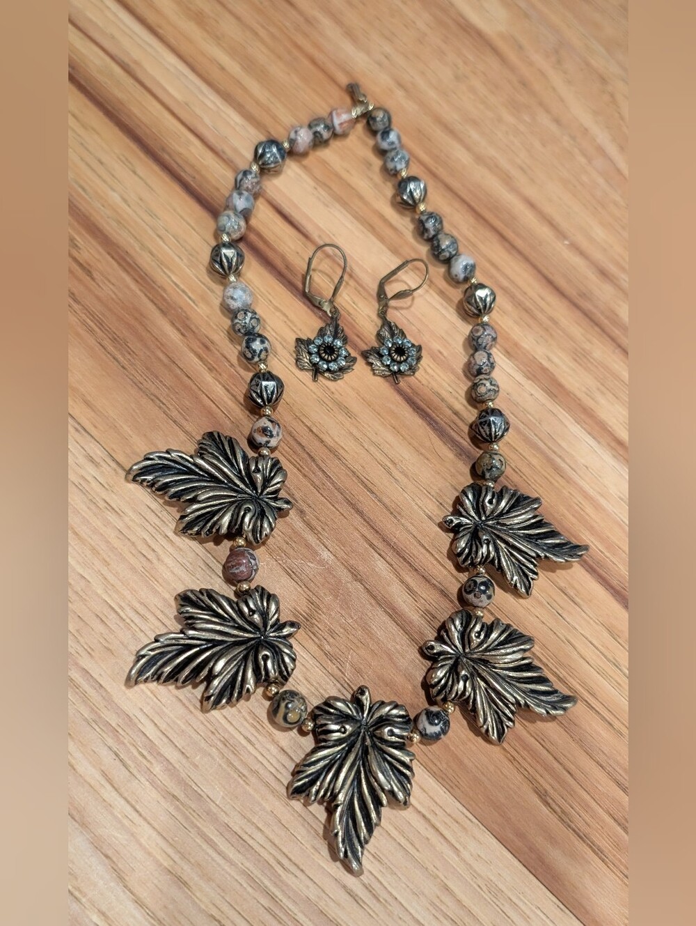 Leaf Pendant Bead Necklace and Earrings Set - Antiqued Gold and Jasper Stone